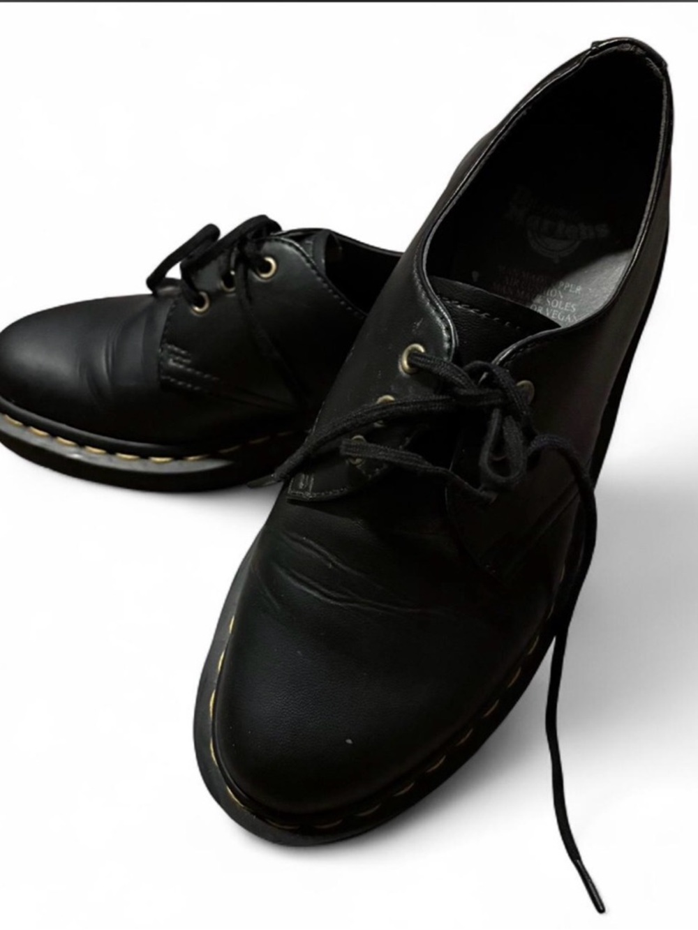 Dr. Martens Black Leather Lace-Up Oxfords with Yellow Stitching